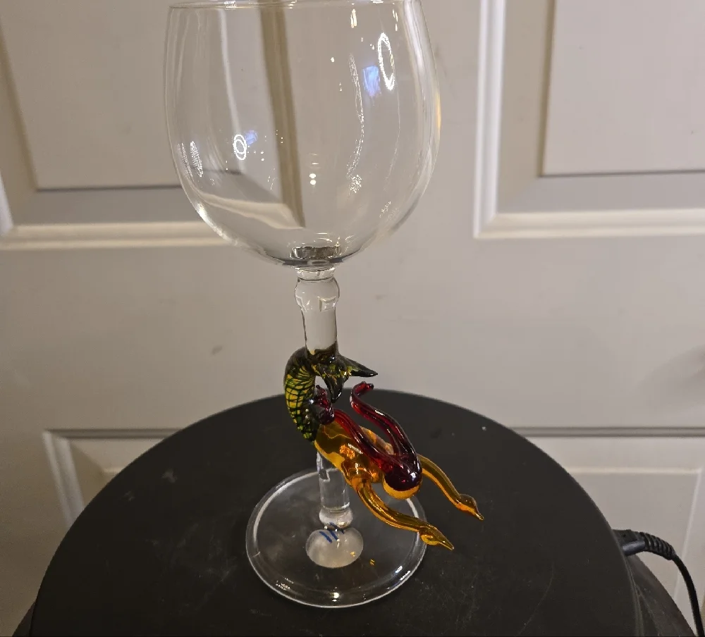 Milon Townsend Style Hand-Blown Glass Wine Goblet with Red and Yellow Mermaid